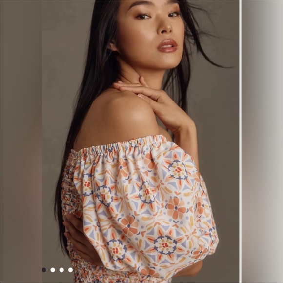 Anthropologie Dolan Orange Motif Off-Shoulder Textured Top Size Large Smocked - Picture 3 of 12